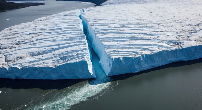 Aerial view of a massive melting glacier with a deep crevasse. Turquoise meltwater flowing into the arctic ocean. Global warming and climate change environmental concept - Powered by Adobe