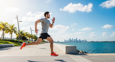 Athletic man running on a sunny waterfront promenade. Male runner exercising outdoors with a city skyline in the background. Healthy active lifestyle concept