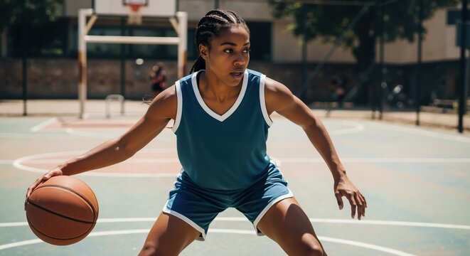 Focused female basketball player dribbling on an outdoor court. Athletic Black woman in uniform practicing her skills. Active lifestyle and sports concept