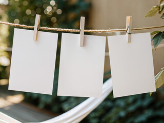 Outdoor Mockup with Three Blank Cards Hanging on Rope with Clothespins © TatiMockups