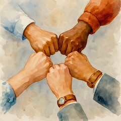 Five fists of diverse skin tones form a circle, symbolizing unity, friendship, support, and respect. A warm watercolor style adds a human, emotional touch.