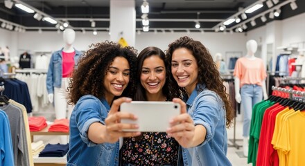 Happy diverse friends taking a selfie while shopping in a clothing store. Group of young women having fun together in a fashion retail shop. Friendship and social media concept