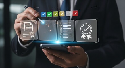 Businessman Using Holographic Checklist and Certification Badge — Mobile Interaction