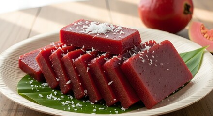 Vibrant Red Jelly Slices Garnished with Grated Coconut, Artfully Arranged on a Leaf-Lined Plate, A Refreshing and Chewy Dessert Perfect for Summer Parties, Festive Occasions, and Sweet Cravings

