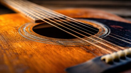 Close up of a weathered acoustic guitar showcasing detailed craftsmanship and rich wood texture in warm lighting