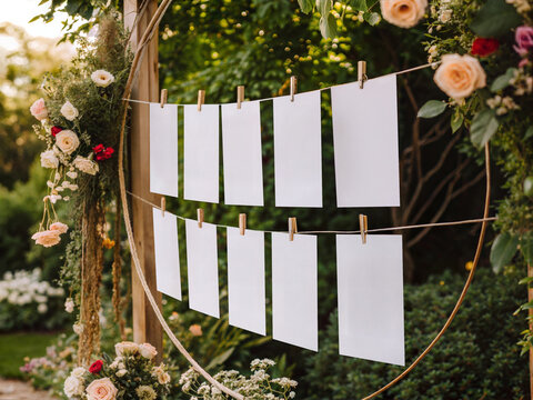 Wedding Seating Chart Mockup with Blank Cards Hanging on Rope and Floral Arch