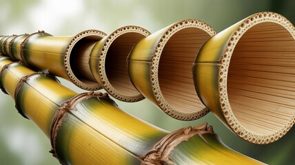 Nature's Engineering Marvel: A detailed view of cut bamboo poles reveals the intricate cellular structure and natural strength, showcasing nature's design. 