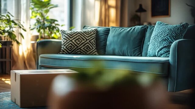 A cardboard box sits on a rug in front of a teal sofa with patterned cushions