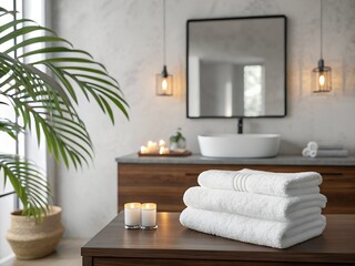 Modern bathroom with stacked white towels and green plant