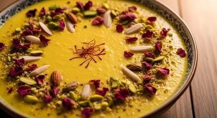 Luxurious Saffron Milk Dessert Garnished with Pistachios, Almonds, and Rose Petals, Served in Ornate Bowl, Blending Traditional Flavors with Artistic Presentation for Festive Celebrations

