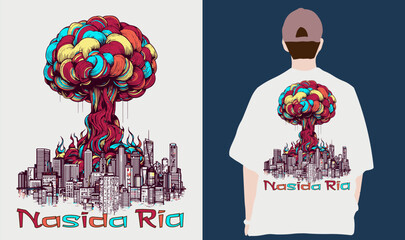 Nuclear explosion in the city. The atomic bomb, the explosion of the flaming mushroom cloud bomb, and the destruction of war. Apocalypse detonation, dangerous war vector illustration.