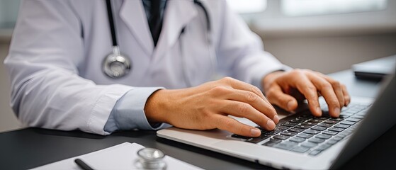 Health professional working on a laptop in a modern clinic while managing patient records during office hours