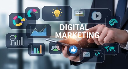 Fototapeta premium Digital Marketing HUD Over Smartphone — Pie Chart, Video, Email and Analytics Icons