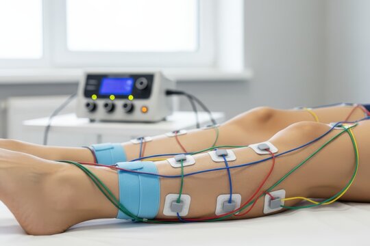 Close-up of a person&rsquo;s legs undergoing electrical muscle stimulation therapy with electrodes and wires connected to a physiotherapy device in a clinic room.