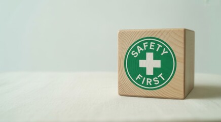 Safety First Symbol: A simple wooden cube prominently displays the Safety First symbol, a clear message of protection and responsibility. 