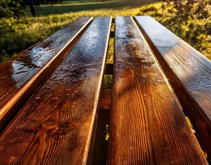 close up of a wet wooden picnic table