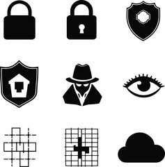 Collection of security and surveillance icons including locks shields and a mysterious figure in a hat