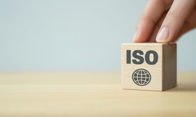 ISO Concept: A hand delicately interacts with a wooden block branded with the letters ISO, set upon a smooth wooden surface, symbolizing the standards and principles of the organization.