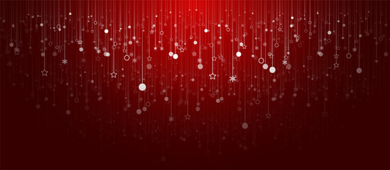 Red luxury christmas background with falling white snowflakes, stars, and circles. Lots of christmas decorations hanging on strings. Elegant minimalistic design.