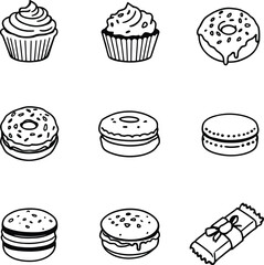 A collection of hand drawn sweet treats including cupcakes donuts macarons and a candy bar illustration