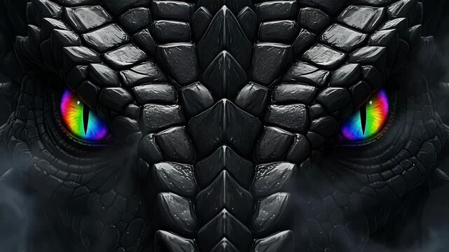Close up of a dragons face with iridescent eyes and detailed scales fantasy concept