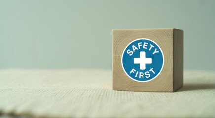 Safety First: A wooden block with a blue Safety First symbol, embodying protection, and awareness. A visual reminder of the importance of precautions.