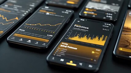 Multiple smartphones displaying financial stock trading app with graph data analysis in a dark - Powered by Adobe