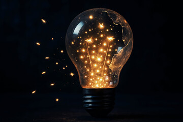 Explosion of Global Ideas: Lightbulb Filaments Forming a Sparking Earth Globe.