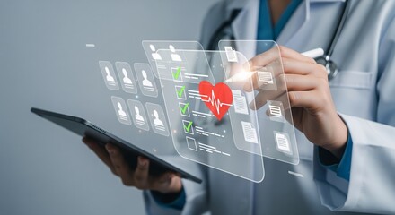 Doctor Using Tablet with Holographic Patient Profile Cards and Green Checklist