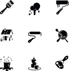 A collection of black and white icons depicting painting supplies and a house illustration set on white