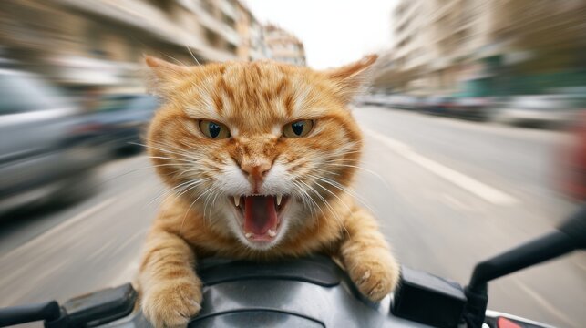 Wild cat enjoying a thrilling ride on a motorcycle through a busy city street in broad daylight