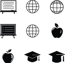 Education themed icons featuring chalkboards globes apples and graduation caps in black and white style