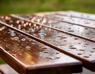rain drops on a wooden picnic table