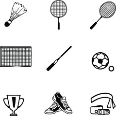 A collection of various sports equipment and accessories in a simple black and white drawing style