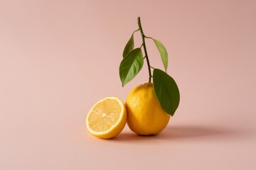 Fresh lemon on pink background with half sliced and green leaves