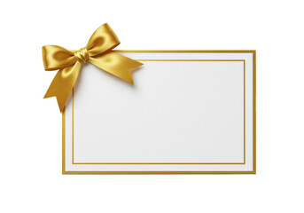 A pristine blank white card with gold metallic border, a shiny gold satin bow, isolated on white with subtle drop shadow, sharp macro lens detail. Concept for premium branding