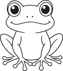 Cute frog sitting and smiling, simple cartoon outline, suitable for children’s book art