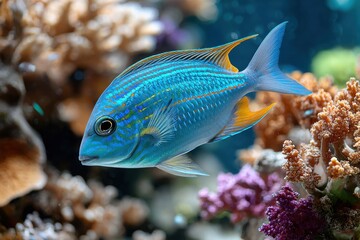 Obraz premium Vibrant Blue Fish Swims Among Coral Reef