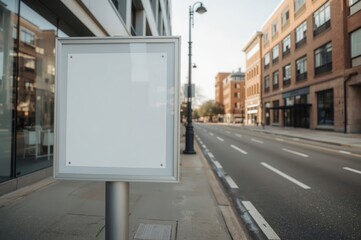 Blank sign near empty street in downtown area during morning light