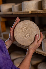 Gros plan sur des fromages en cours d’affinage dans une cave, révélant les textures naturelles, les nuances de couleur et le savoir-faire artisanal de la production fermière.