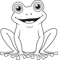 Cute frog sitting and smiling, simple cartoon outline, suitable for children’s book art