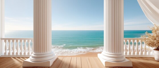 Sweeping ocean view from a luxurious balcony with classic columns overlooking the beach on a sunny day