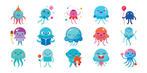 Collection of cute cartoon jellyfish characters with party elements and accessories