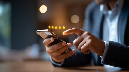 Faceless businessman touching smartphone to rate customer service with star rating system online review interface satisfaction feedback mechanism service improvement digital