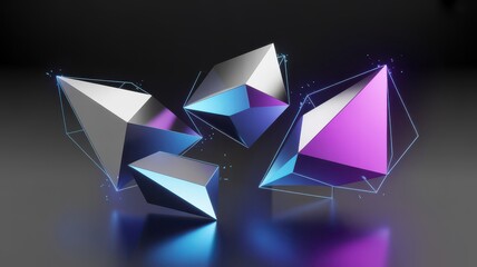 Geometric shapes with neon light and particles abstract