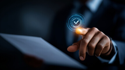 Faceless businessman presenting online document validation icon interface quality assessment management system digital checklist verification business document evaluation