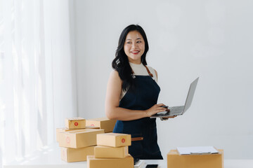 E-Commerce Startup Success: A determined entrepreneur stands amidst parcels, confidently operating a laptop, poised to grow her online business.