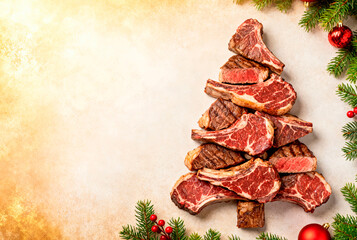 Juicy steak in the shape of a Christmas tree banner with an empty space for text on a light background. Festive and creative food design for restaurant menus, holiday advertisements