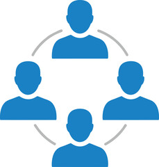 Abstract teamwork and communication network with blue human icons, circular connection lines, collaboration concept, and organizational structure illustration