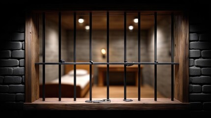 Naklejka premium Interior of a prison cell with barred window and simple furniture at night